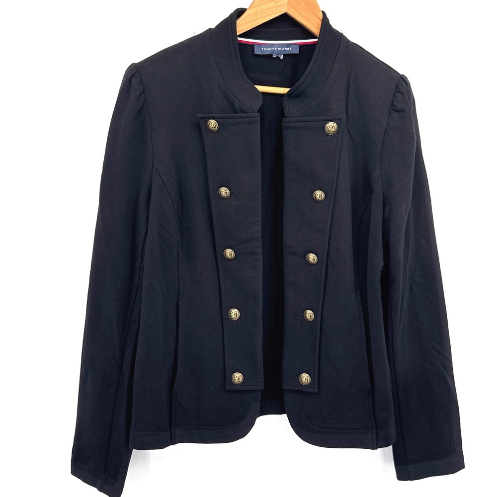 Tommy Hilfiger Military Band Jacket Large Black Gold Buttons Open Front Blazer